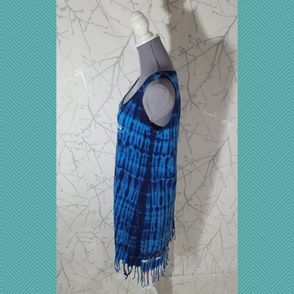 Neon Beachwear Blue Tie Dye Salamanders Printed Fringed Shift Dress - Picture 3 of 5